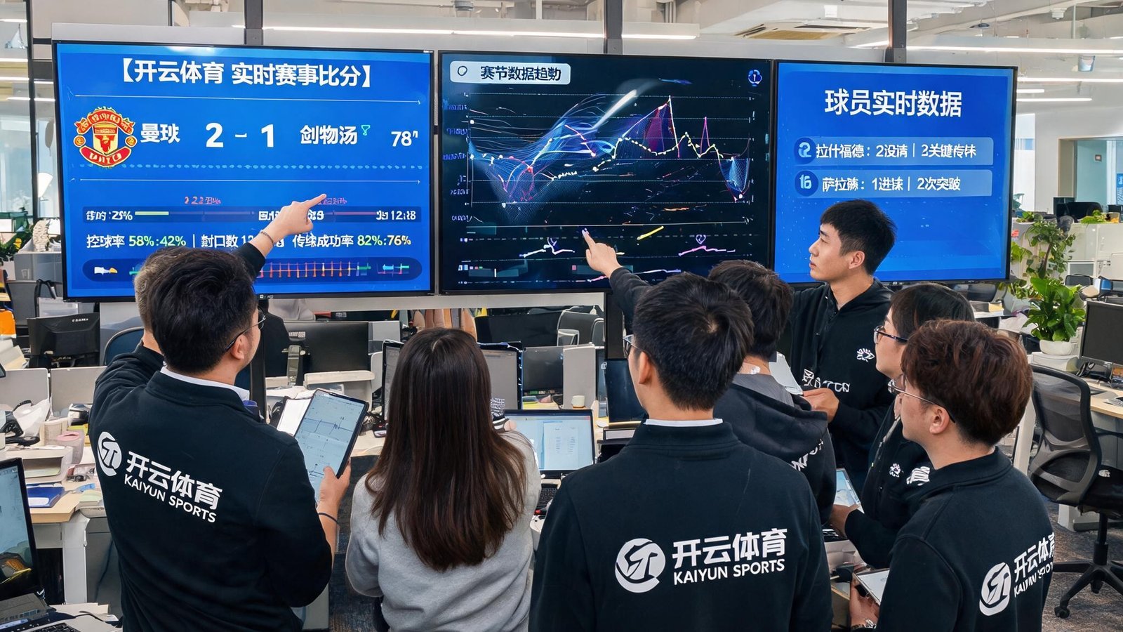 开云体育团队在开放式办公室内围绕数据大屏讨论实时比分系统和比赛数据流，墙上有多块屏幕显示赛事信息