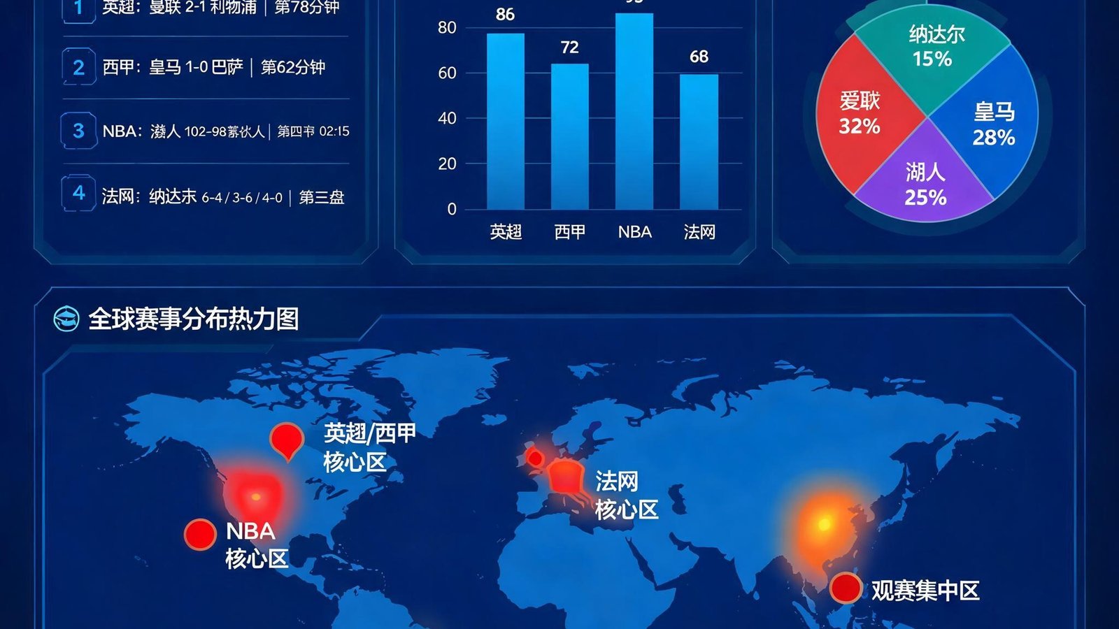 开云体育数据监控中心大屏展示实时比赛数据流、统计图表及全球赛事分布热力图